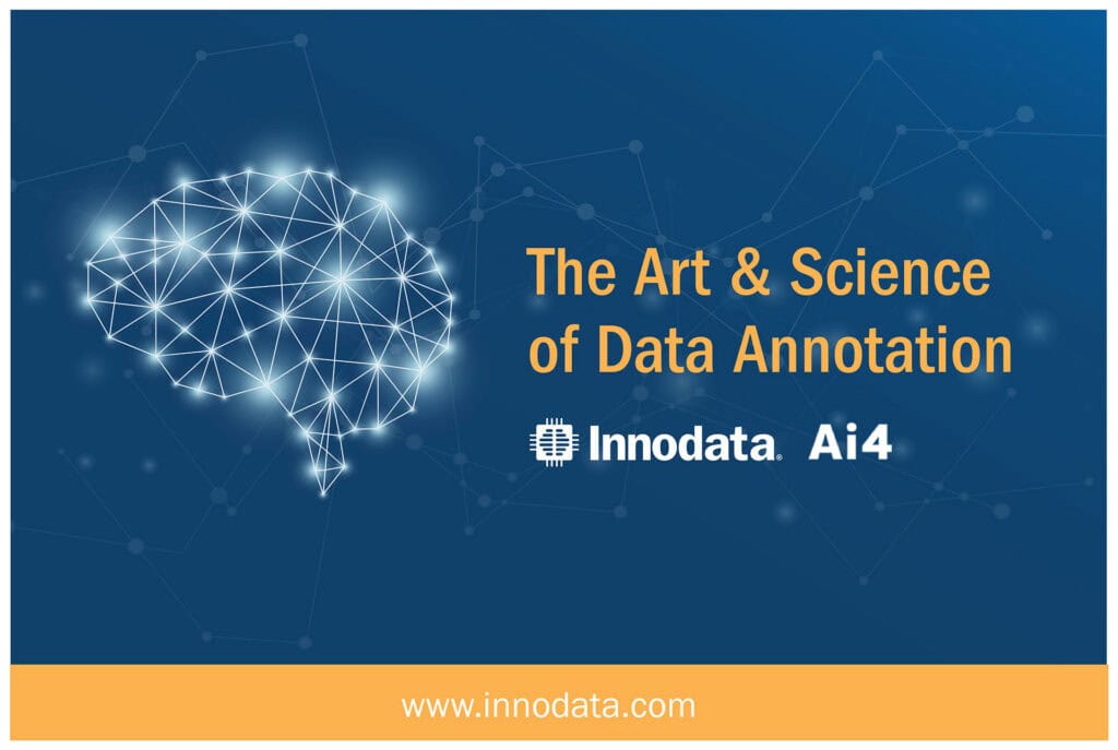 Glowing network brain icon on blue background with headline “The Art & Science of Data Annotation,” plus Innodata Ai4 and www.innodata.com.
