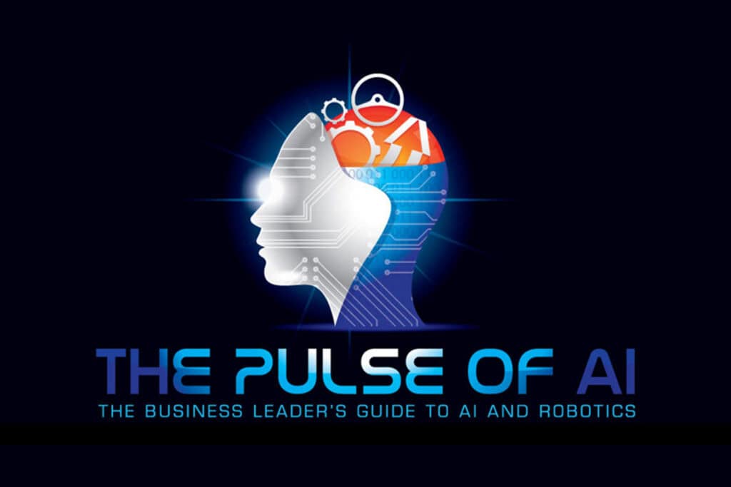 Futuristic human head silhouette with circuit lines and AI icons, beside the heading “The Pulse of AI” on a dark blue background.