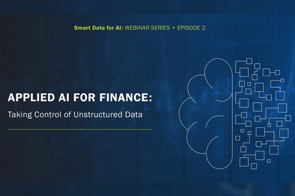 Webinar slide shows “Applied AI for Finance: Taking Control of Unstructured Data,” with a brain outline and data squares on blue background.