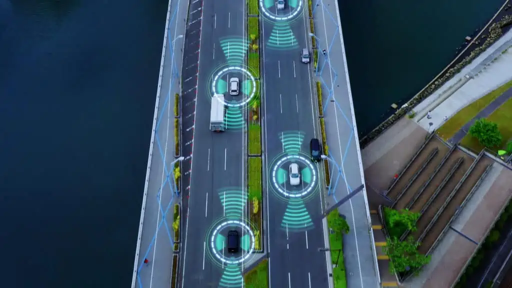 Lidar image of vehicles on a bridge, autonomous driving, airborne lidar - Innodata