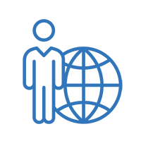 Blue icon of a globe and a person