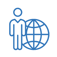 Blue icon of a globe and a person