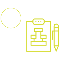 Yellow-green icon of a pen and a clipboard showing a chart organization