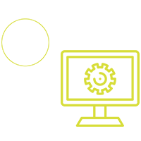 Yellow-green icon showing a desktop computer screen and a cog inside of it