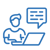 Blue icon showing a person with a laptop with a text bubble