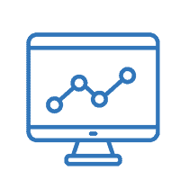 Blue icon of a desktop computer screen showing a graph of upward growth