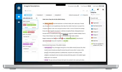 A macbook compter screen showing examples of data annotation and text annotation for machine learning and artificial intelligence model training data and NLP