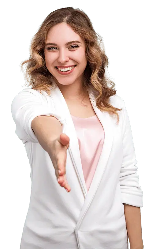 A white woman in a white shirt offering a handshake congratulating a customer on partnering with Innodata for data annotation for AI and ML model training data