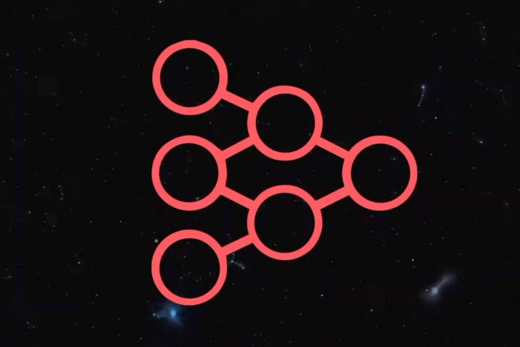 Connected red circles forming a network symbol, centered on a dark starry background with scattered points of light.
