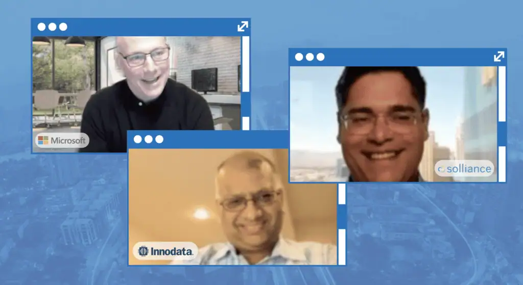 Three video call windows show smiling people on camera, with Microsoft, Innodata, and Solliance logos on a blue background.