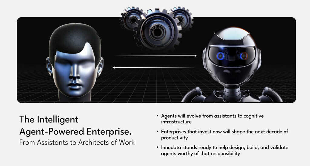 Two humanoid robots face forward beside gears, with headline “The Intelligent Agent-Powered Enterprise” and smaller bullet text on a dark background.