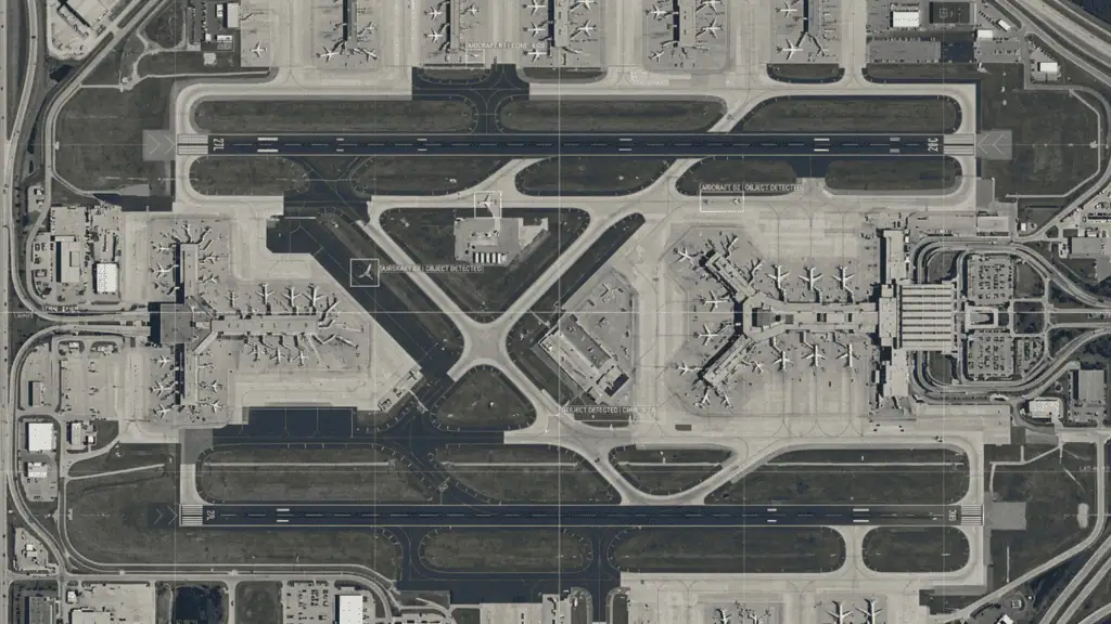 High-resolution nadir satellite view of a commercial airport runway and taxiways, featuring subtle AI overlays including digital bounding boxes and 'object detected' labels around simplified aircraft shapes.