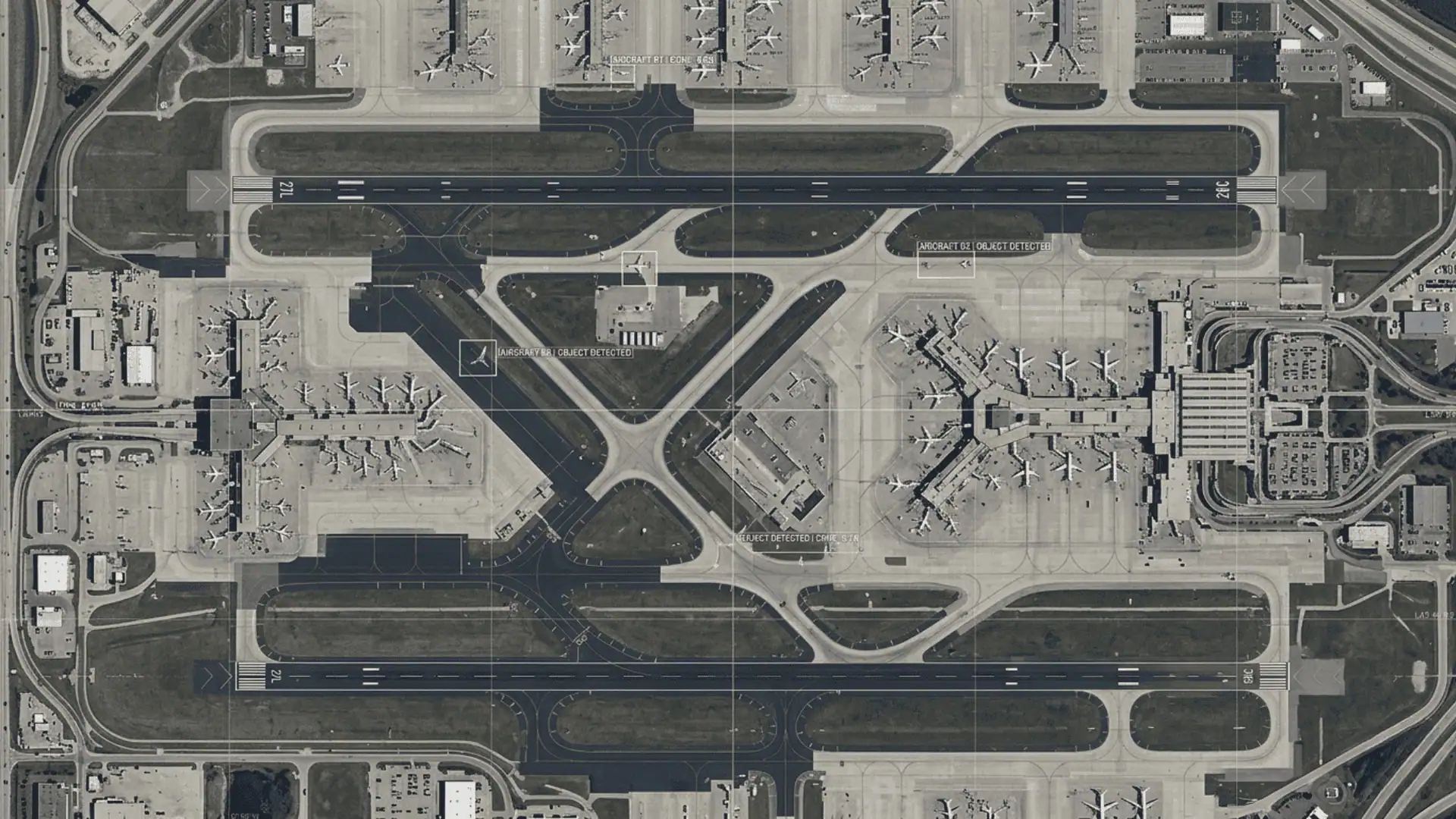 High-resolution nadir satellite view of a commercial airport runway and taxiways, featuring subtle AI overlays including digital bounding boxes and 'object detected' labels around simplified aircraft shapes.