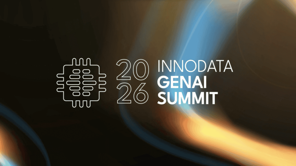 Microchip icon beside “2026 INNODATA GENAI SUMMIT” text, set against a dark abstract background with blurred light streaks.