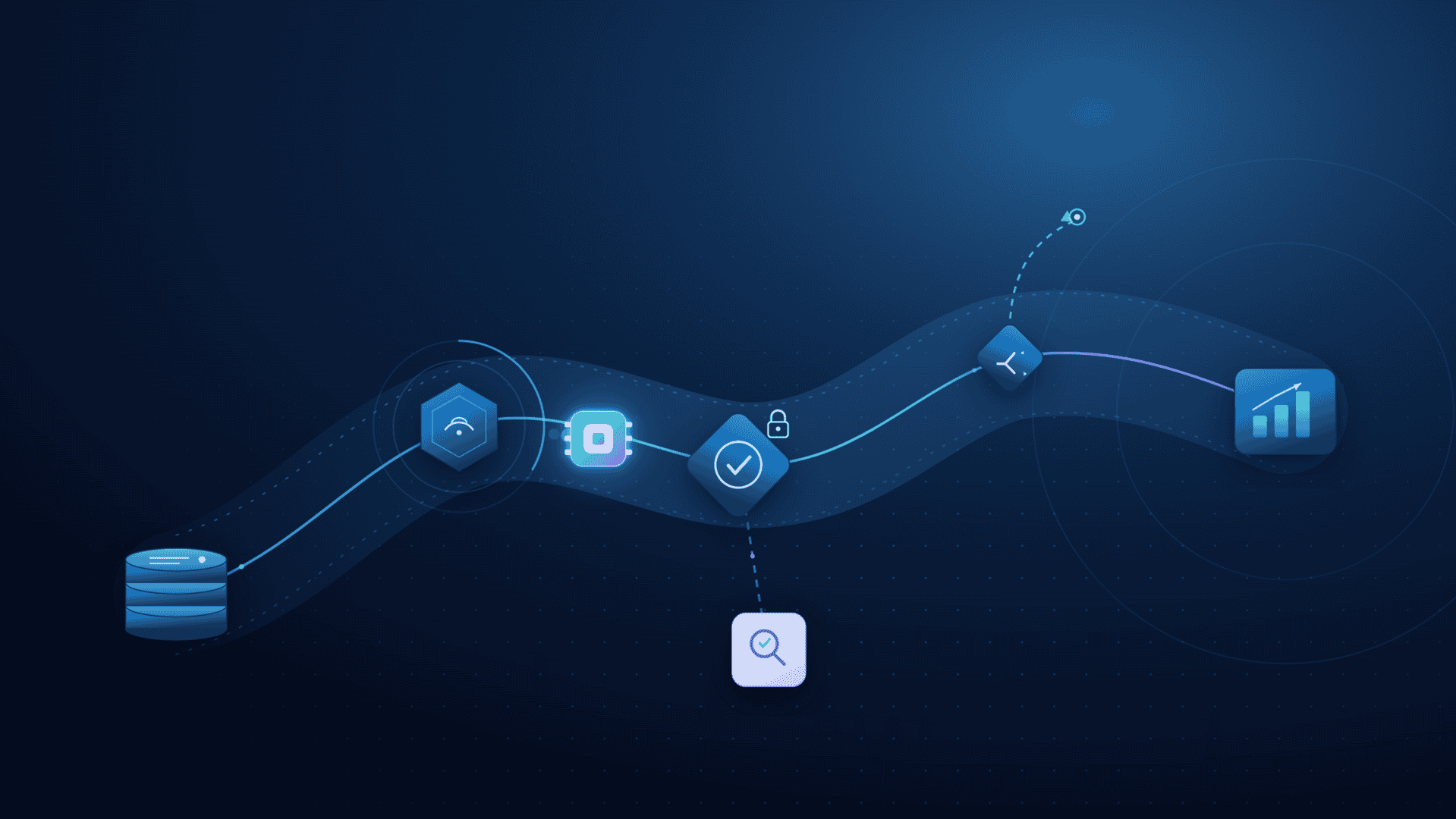 Abstract data pipeline flows across a dark blue background, linking database and analytics icons with connected nodes and lines.