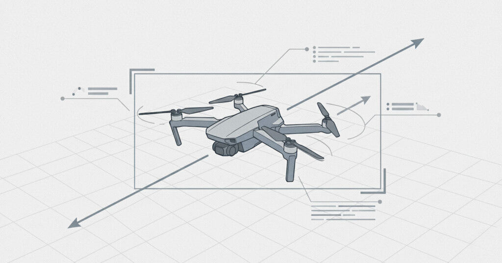 Drone with four propellers flying in a framed display, with arrows and simple interface lines on a light grid background.