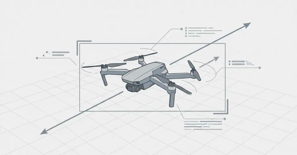 Drone with four propellers flying in a framed display, with arrows and simple interface lines on a light grid background.
