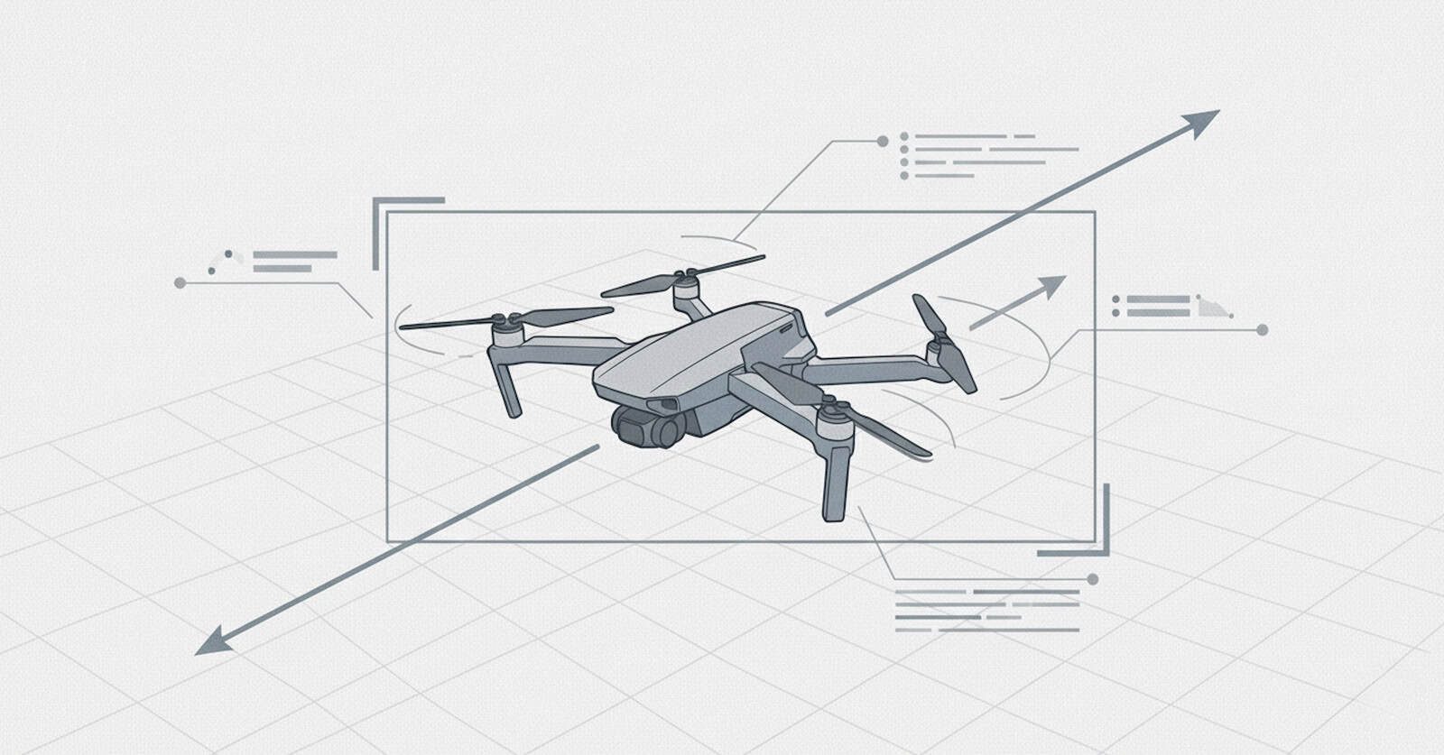 Drone with four propellers flying in a framed display, with arrows and simple interface lines on a light grid background.