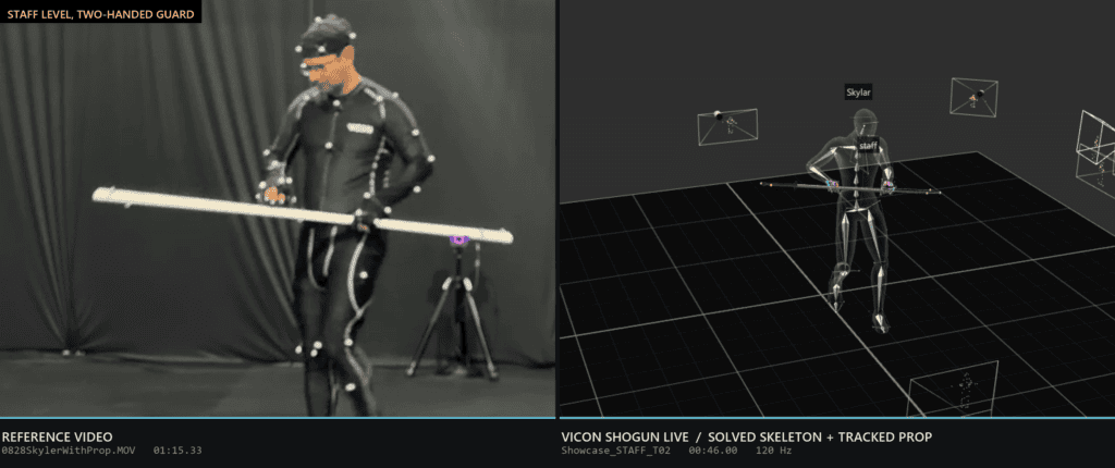 Motion-capture performer holds a long staff; beside it a 3D skeleton preview labeled “Skylar” stands on a grid with tracking cameras.