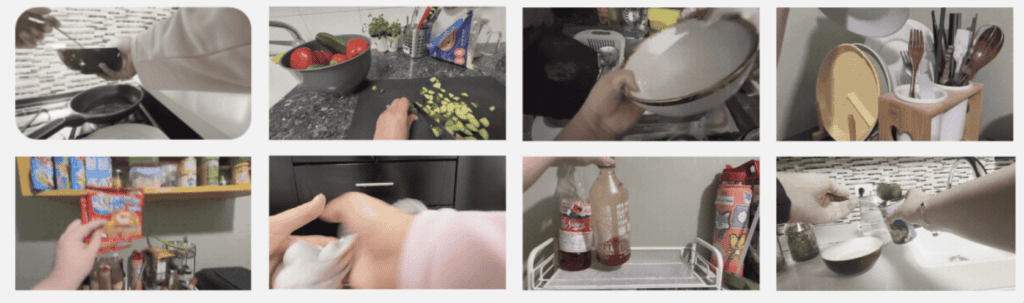Hands cooking and cleaning in a kitchen, chopping vegetables, washing dishes, wiping surfaces, and organizing bottles and utensils.