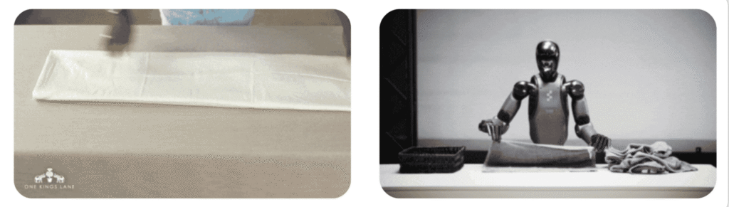 Left: Hand wipes a long white sheet on a work surface, with a small logo in the bottom-left corner.    Right: Humanoid robot folds fabric on a table, with a basket on the left and more cloth on the right.