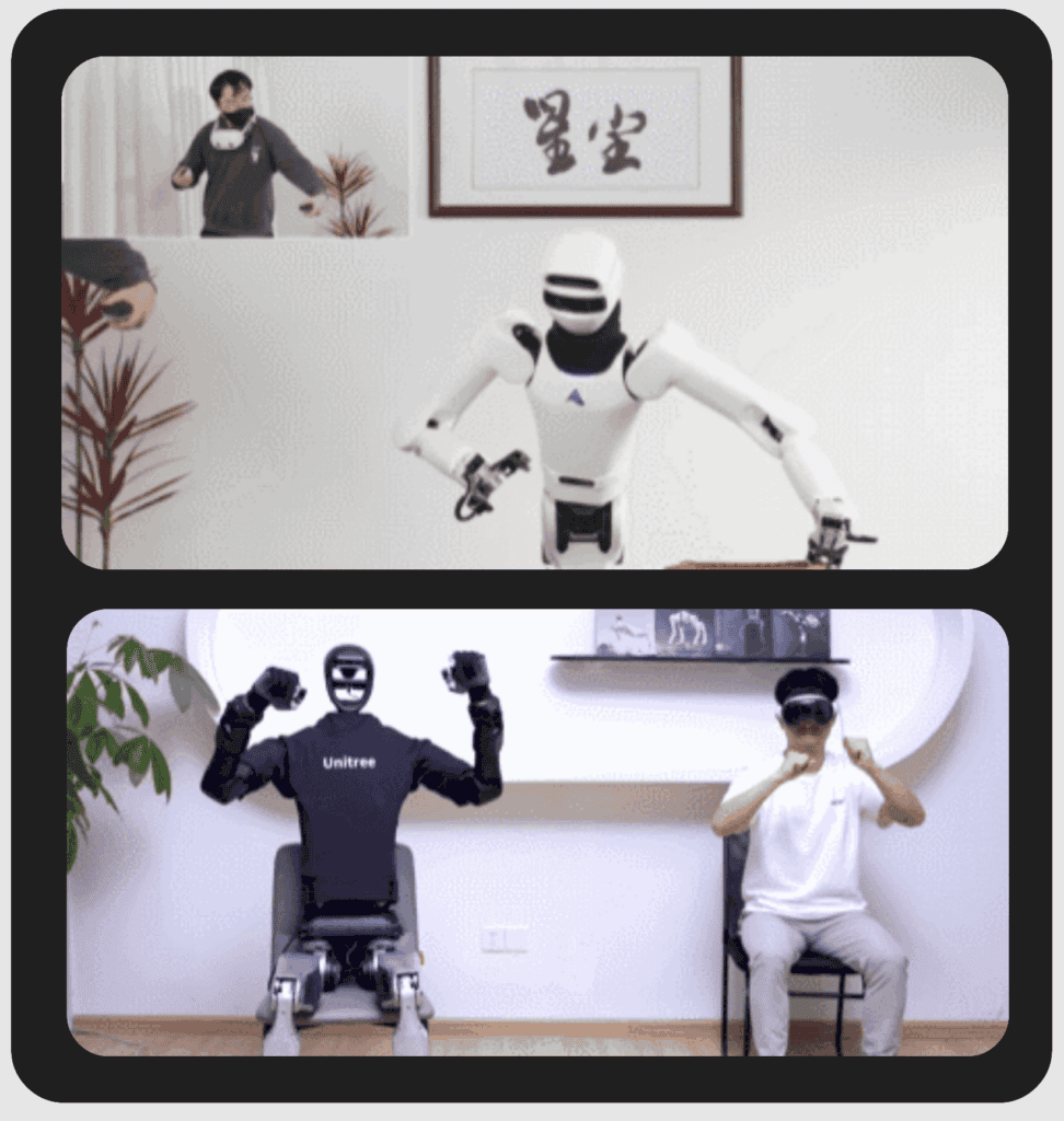 Humanoid robot moves its arms indoors while a person stands behind it, with plants and framed wall art in the room.    Humanoid robot labeled “Unitree” sits raising its arms beside a seated person wearing a VR headset, with a plant and shelf behind.
